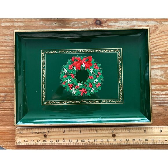 Vintage Otagiri Christmas Wreath Red Bow Green Lacquer Tray Gold Accents - Picture 3 of 4